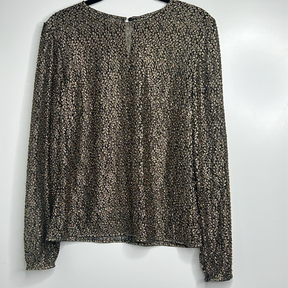 Vintage Sz 6-8 Black Lace Gold Lame Thread Beaded Long Sleeve Blouse